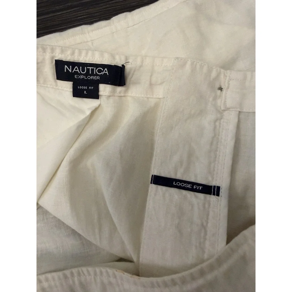 Nautica Explorer Vintage 100% Linen Pants Sz L Loose Fit Drawstring Coastal